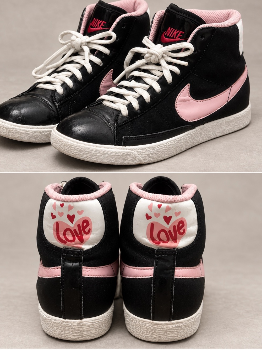 Nike Black Pink High Top Sneakers Love Hearts Youth 5.5Y